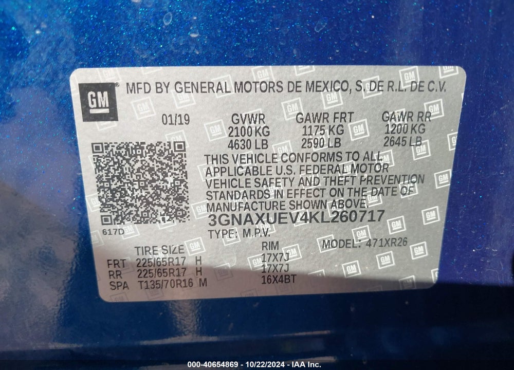 2019 CHEVROLET EQUINOX LT VIN: 3GNAXUEV4KL260717