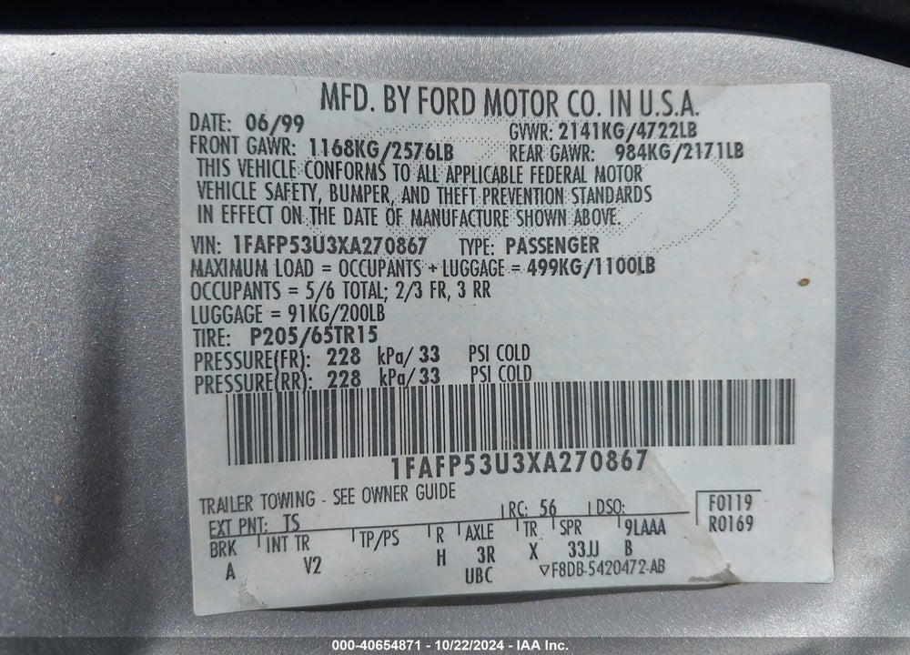 1999 FORD TAURUS SE/SE-NE VIN: 1FAFP53U3XA270867