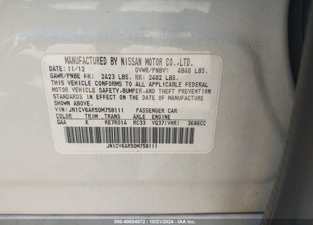 2013 INFINITI G37X VIN: JN1CV6AR5DM758111