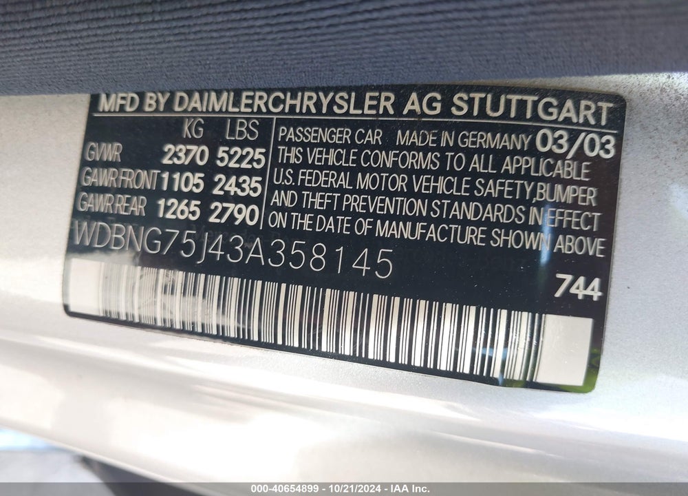 2003 MERCEDES-BENZ S 500 VIN: WDBNG75J43A358145