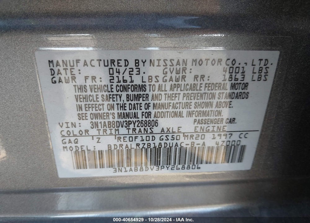 2023 NISSAN SENTRA SR XTRONIC CVT VIN: 3N1AB8DV3PY268806