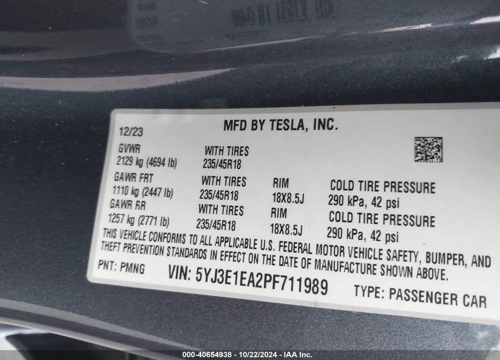 2023 TESLA MODEL 3 REAR-WHEEL DRIVE VIN: 5YJ3E1EA2PF711989