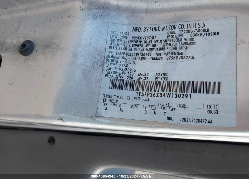 2004 FORD FOCUS SE VIN: 1FAFP36Z84W130291