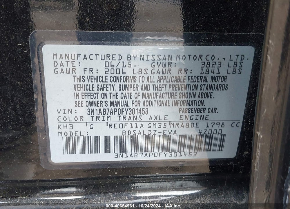 2015 NISSAN SENTRA SV VIN: 3N1AB7AP0FY301453