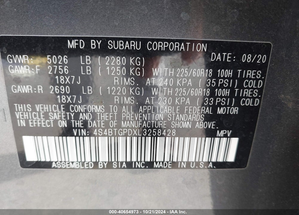 2020 SUBARU OUTBACK TOURING XT VIN: 4S4BTGPDXL3258428