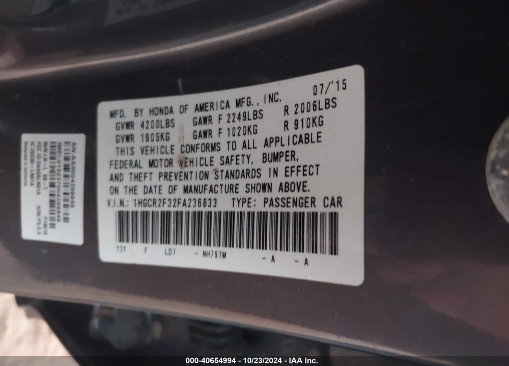 2015 HONDA ACCORD LX VIN: 1HGCR2F32FA236833