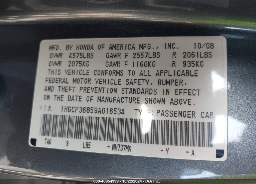 2009 HONDA ACCORD 3.5 EX-L VIN: 1HGCP36859A016534