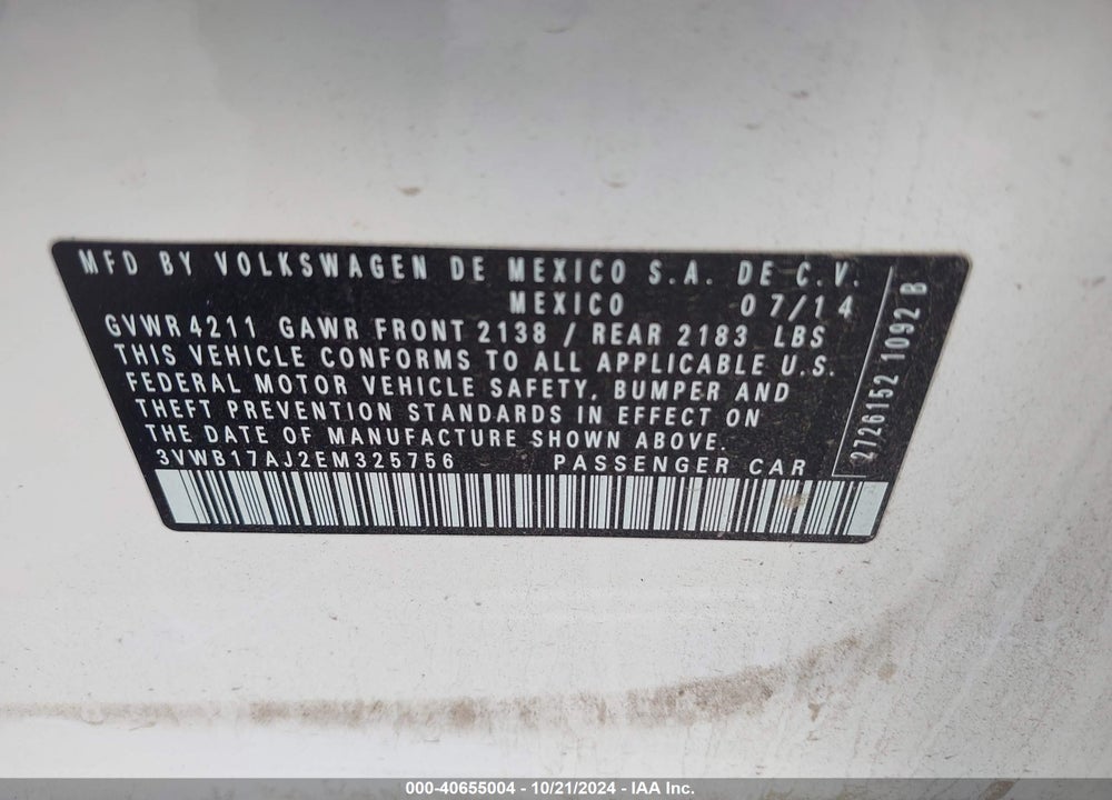 2014 VOLKSWAGEN JETTA 1.8T SE VIN: 3VWB17AJ2EM325756