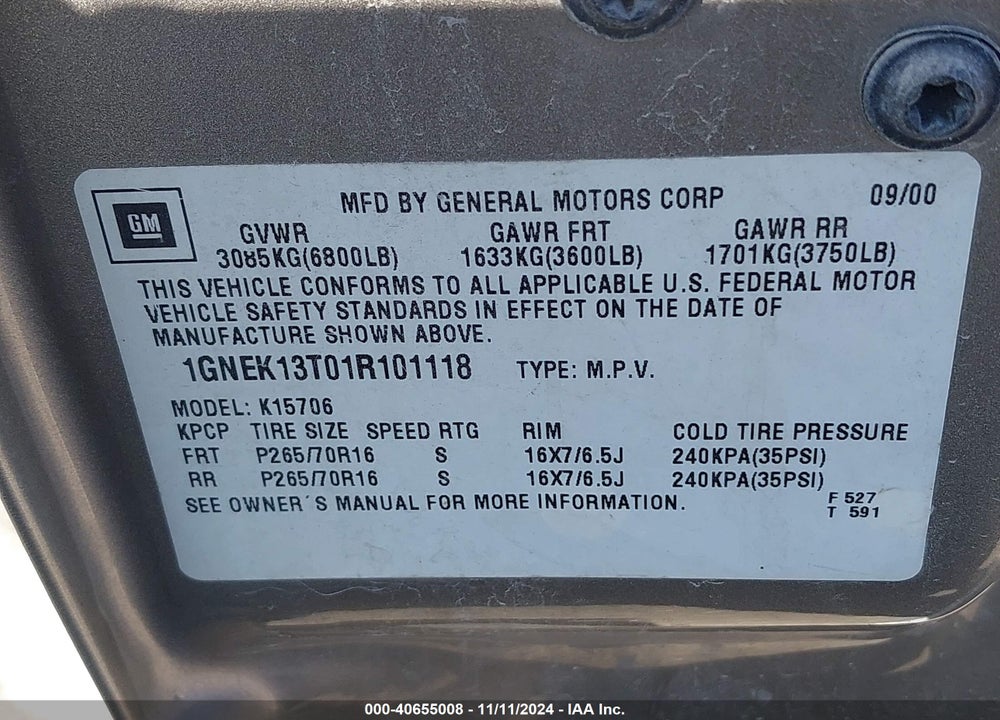 2001 CHEVROLET TAHOE LT VIN: 1GNEK13T01R101118