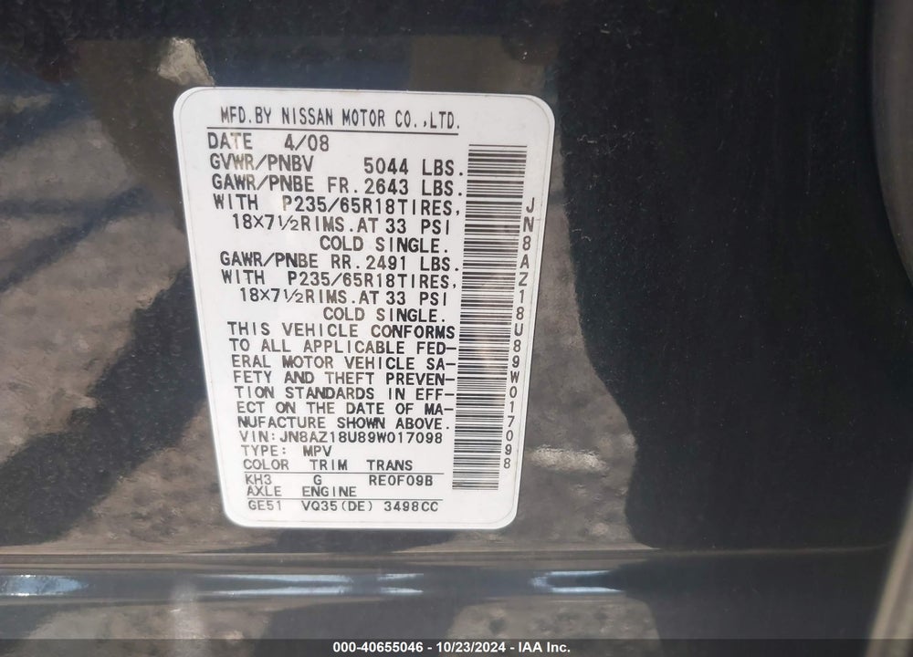 2009 NISSAN MURANO S VIN: JN8AZ18U89W017098