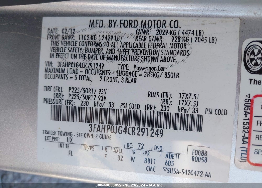 2012 FORD FUSION SEL VIN: 3FAHP0JG4CR291249