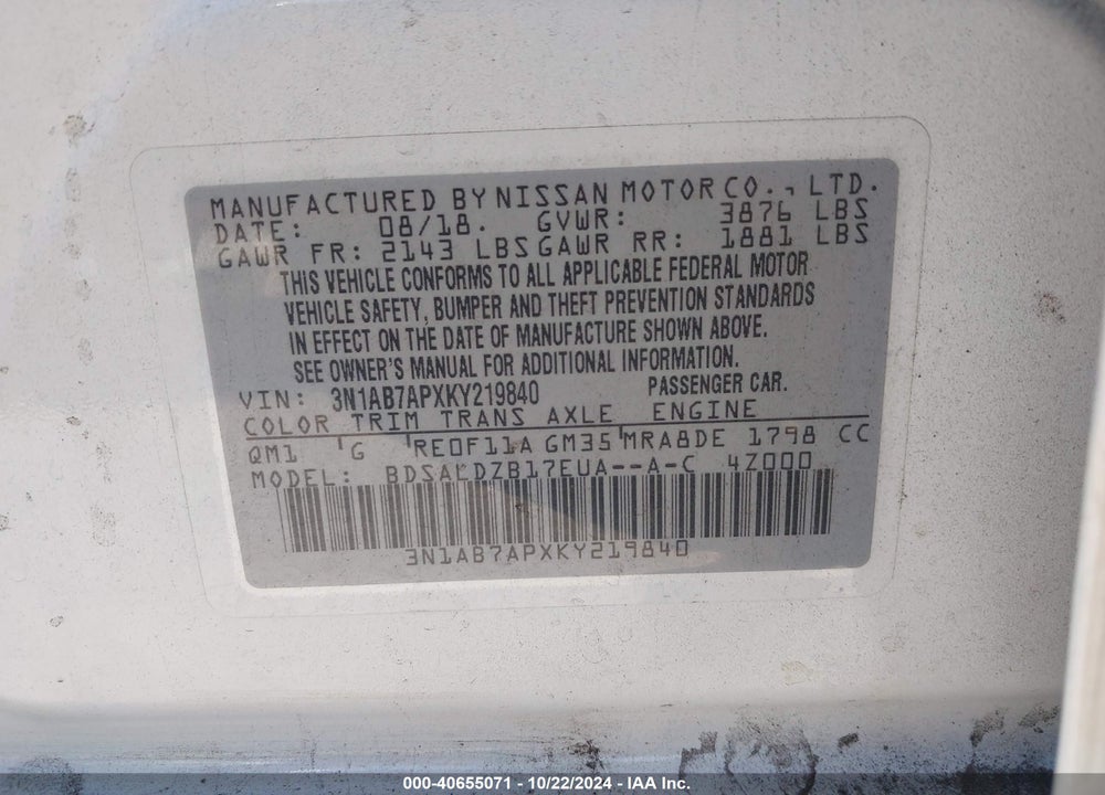 2019 NISSAN SENTRA SV VIN: 3N1AB7APXKY219840