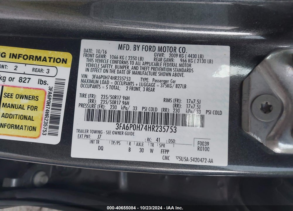 2017 FORD FUSION SE VIN: 3FA6P0H74HR235753
