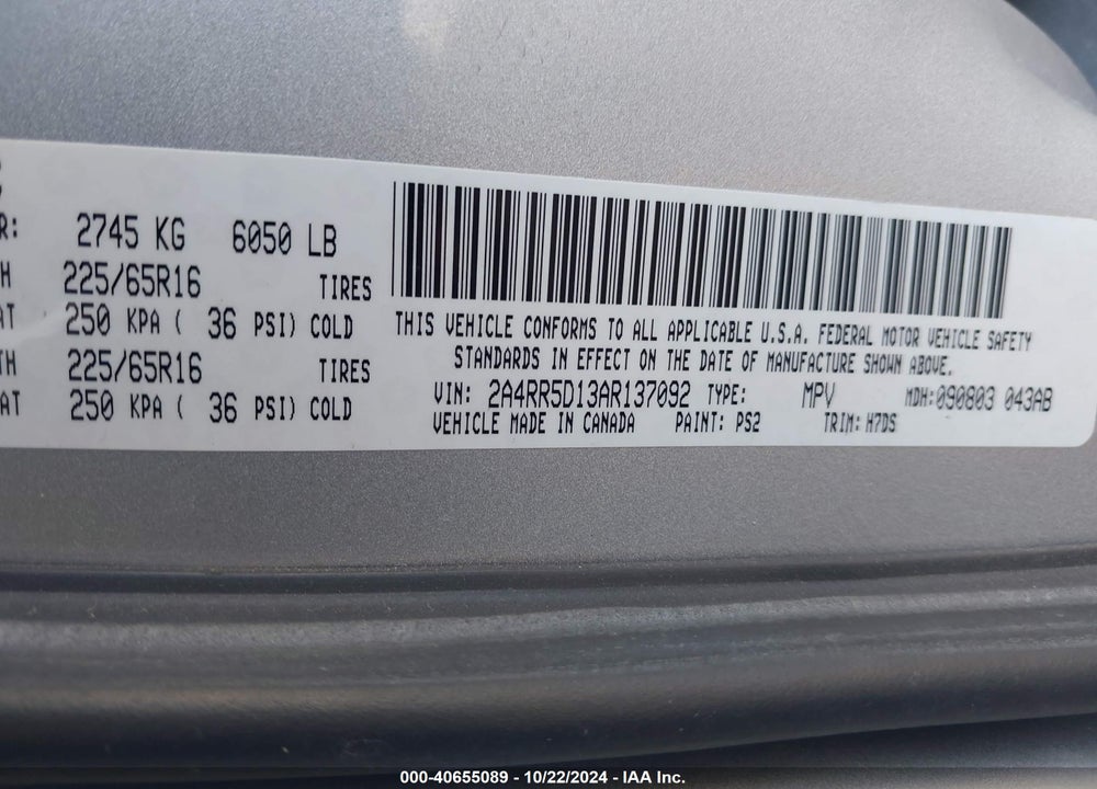 2010 CHRYSLER TOWN & COUNTRY TOURING VIN: 2A4RR5D13AR137092