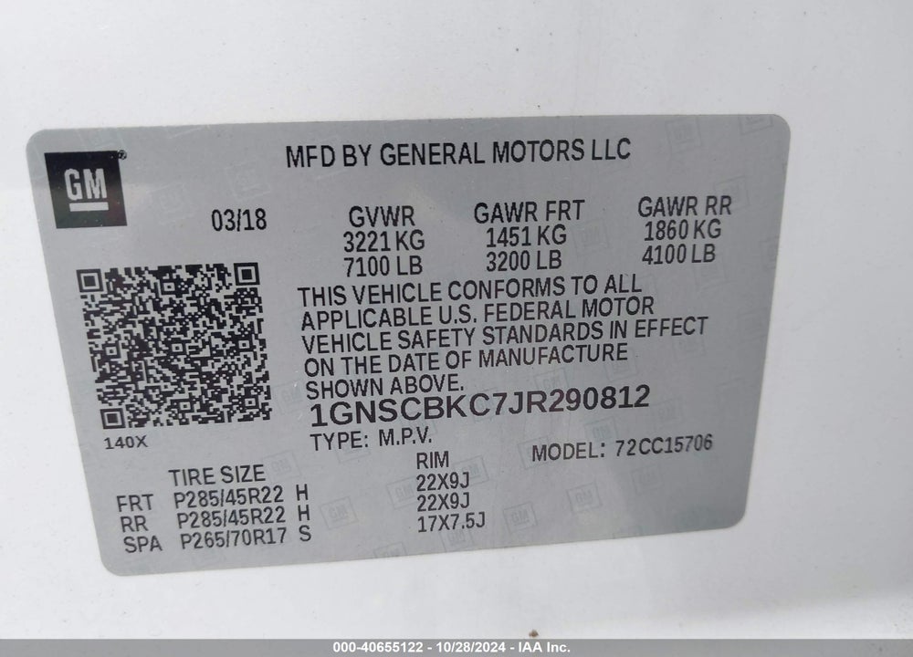 2018 CHEVROLET TAHOE LT VIN: 1GNSCBKC7JR290812