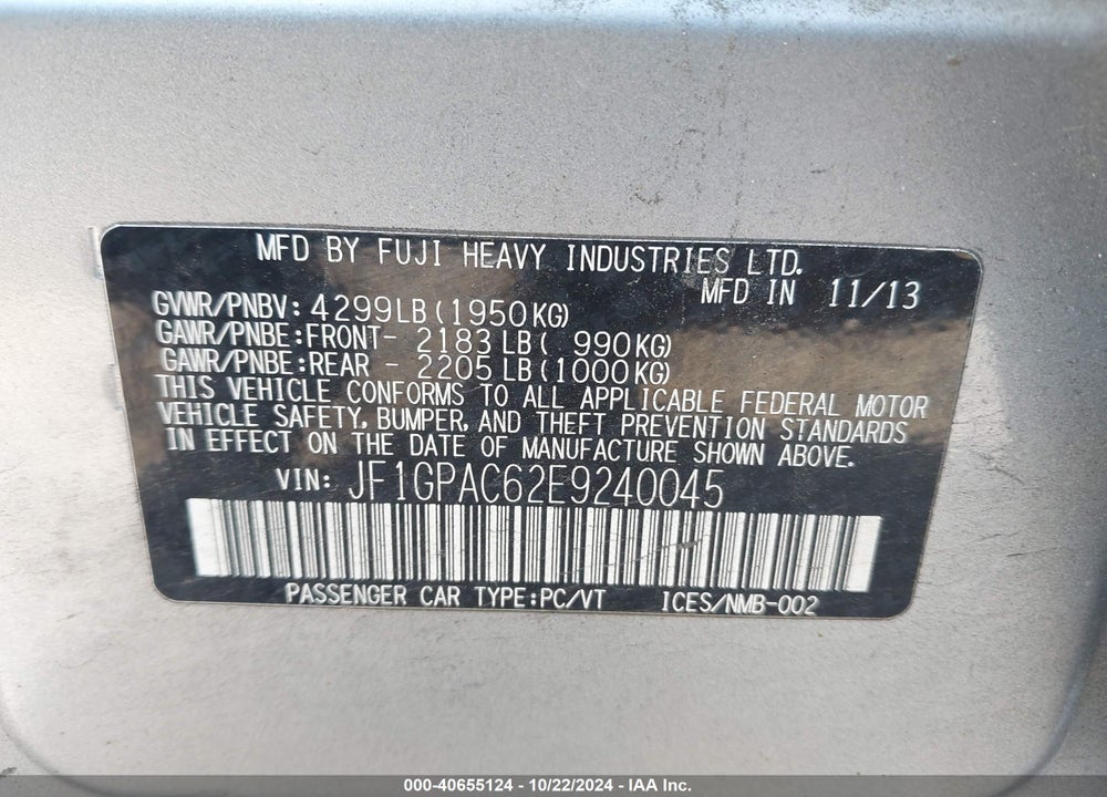 2014 SUBARU IMPREZA 2.0I PREMIUM VIN: JF1GPAC62E9240045