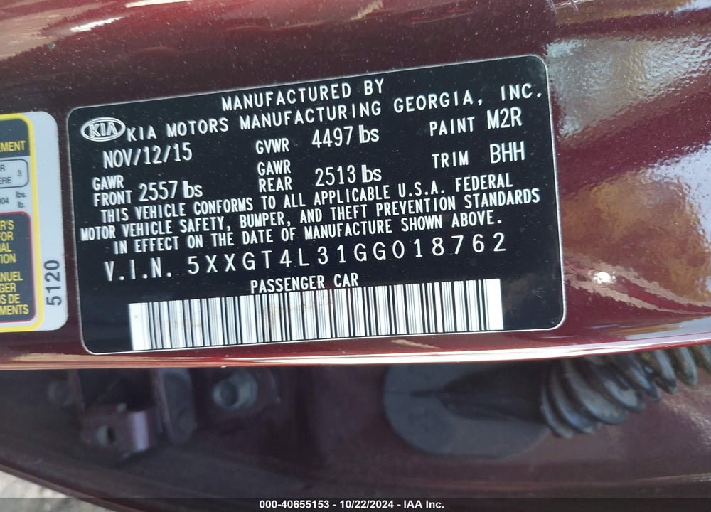 2016 KIA OPTIMA LX VIN: 5XXGT4L31GG018762
