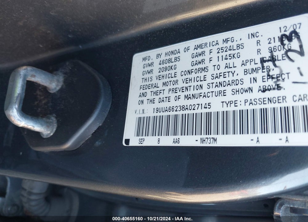2008 ACURA TL 3.2 VIN: 19UUA66238A027145