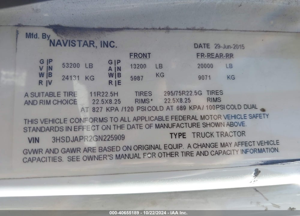 2016 INTERNATIONAL PROSTAR VIN: 3HSDJAPR2GN225909
