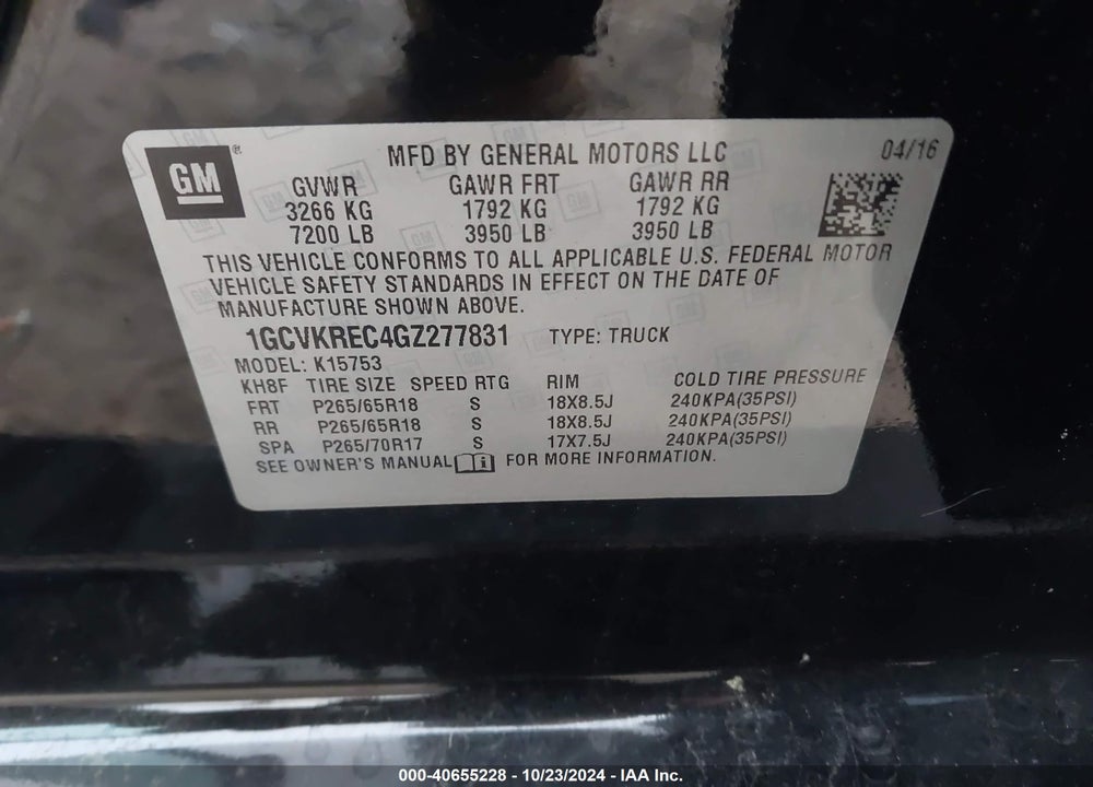 2016 CHEVROLET SILVERADO 1500 2LT VIN: 1GCVKREC4GZ277831