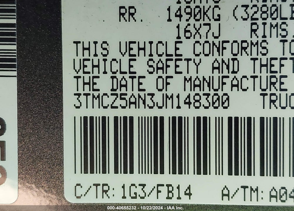 2018 TOYOTA TACOMA SR V6 VIN: 3TMCZ5AN3JM148300