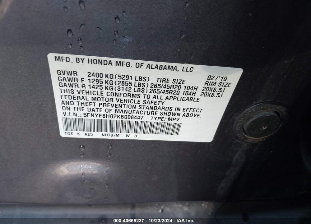 2019 HONDA PASSPORT ELITE VIN: 5FNYF8H02KB008447