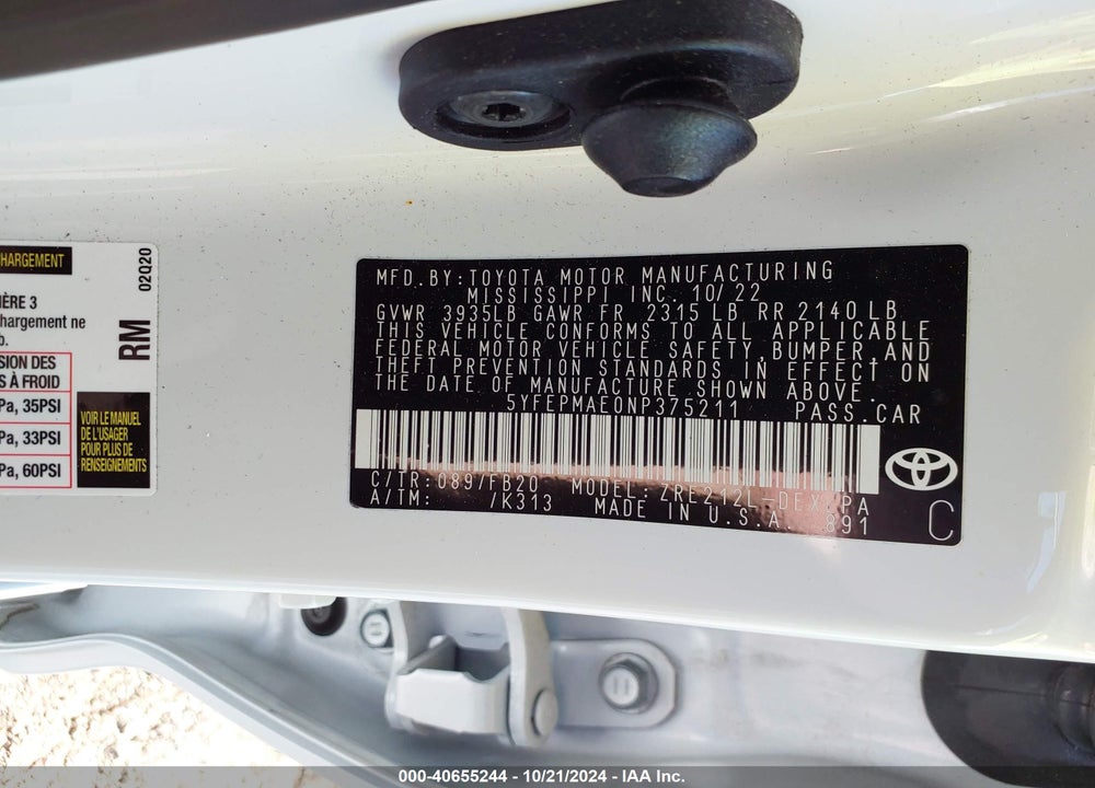 2022 TOYOTA COROLLA LE VIN: 5YFEPMAE0NP375211