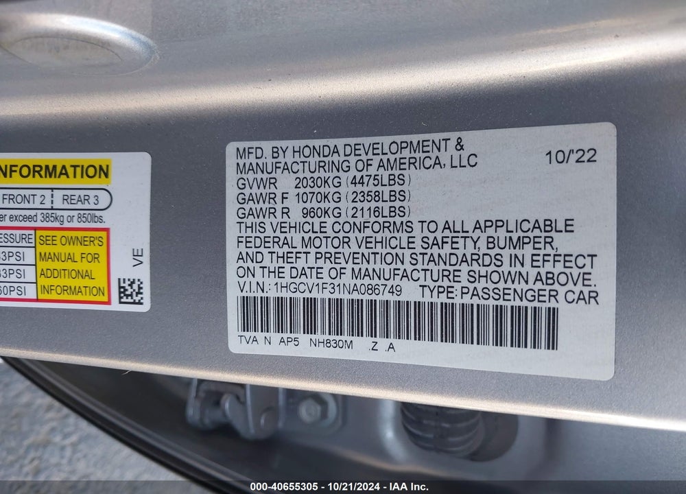2022 HONDA ACCORD SPORT VIN: 1HGCV1F31NA086749