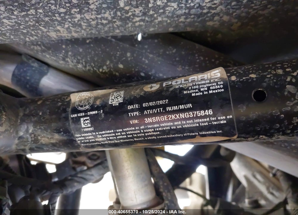 2022 POLARIS RZR VIN: 3NSRGE2KXNG375846