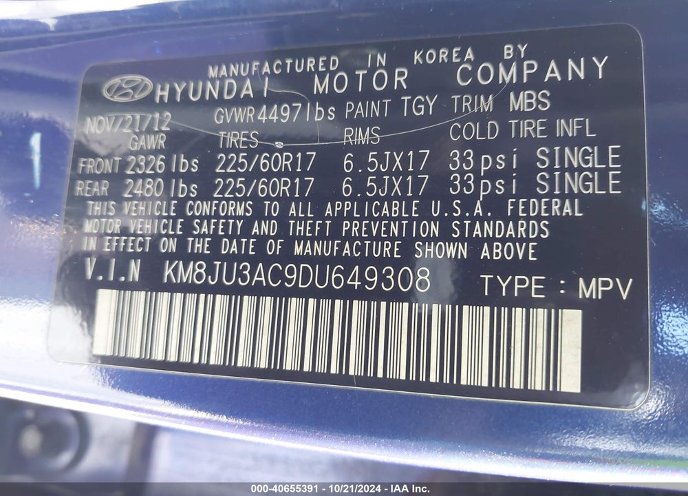2013 HYUNDAI TUCSON GLS VIN: KM8JU3AC9DU649308