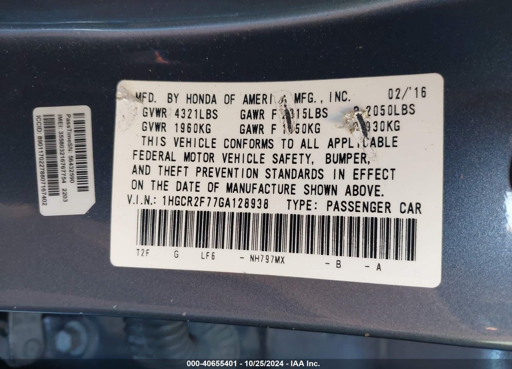 2016 HONDA ACCORD EX VIN: 1HGCR2F77GA128938