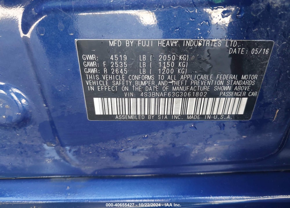 2016 SUBARU LEGACY 2.5I PREMIUM VIN: 4S3BNAF63G3061802