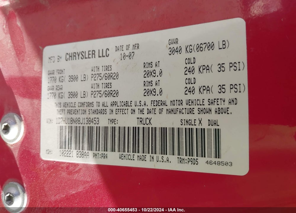 2008 DODGE RAM 1500 SLT VIN: 1D7HU18N08J138453