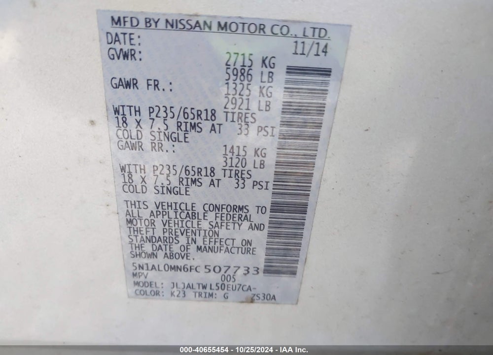 2015 INFINITI QX60 VIN: 5N1AL0MN6FC507733