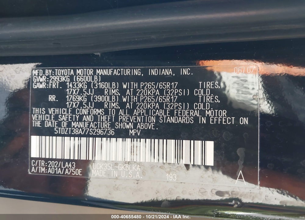 2007 TOYOTA SEQUOIA LIMITED V8 VIN: 5TDZT38A77S296736