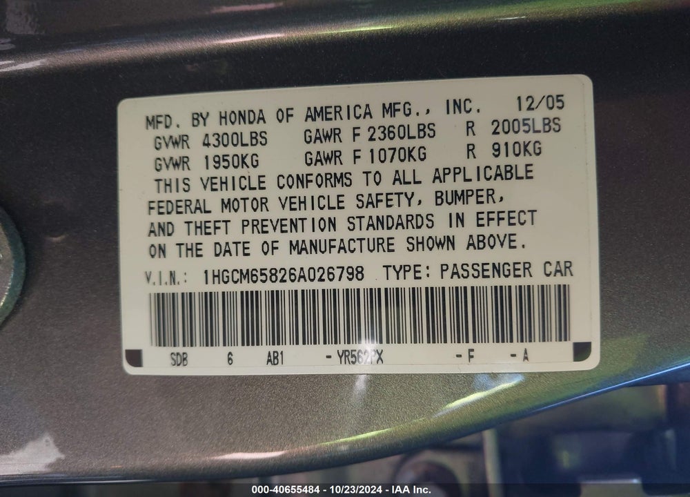 2006 HONDA ACCORD VIN: 1HGCM65826A026798