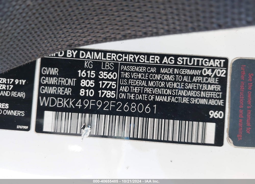 2002 MERCEDES-BENZ SLK 230 KOMPRESSOR VIN: WDBKK49F92F268061