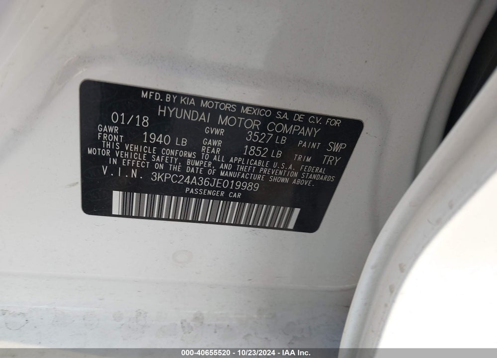 2018 HYUNDAI ACCENT SE VIN: 3KPC24A36JE019989
