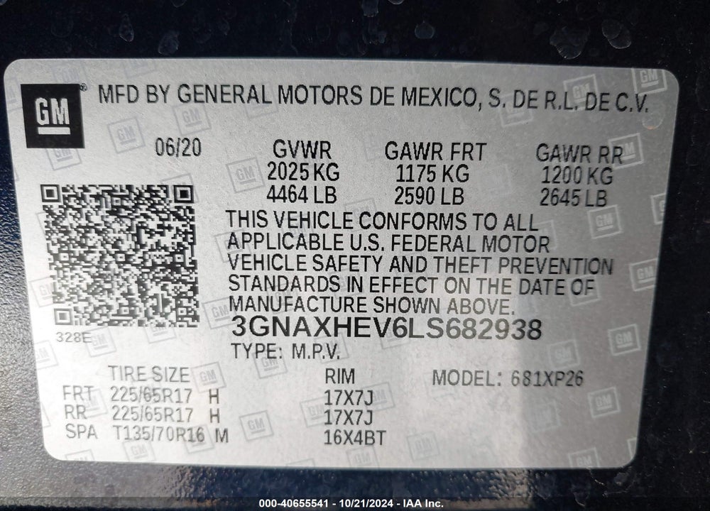 2020 CHEVROLET EQUINOX FWD LS VIN: 3GNAXHEV6LS682938