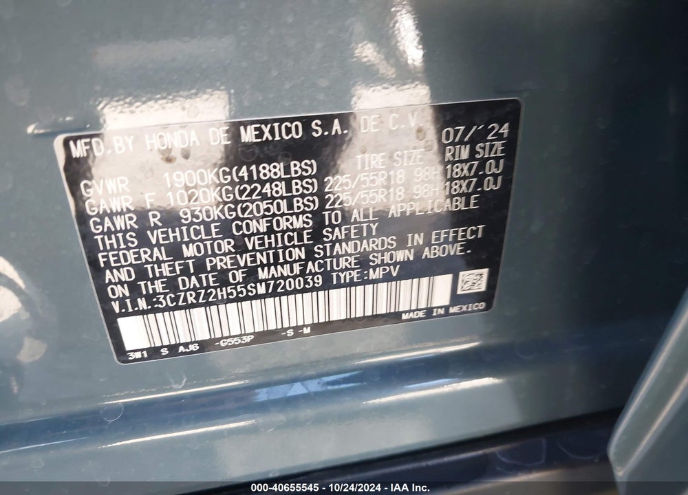 2025 HONDA HR-V AWD SPORT VIN: 3CZRZ2H55SM720039