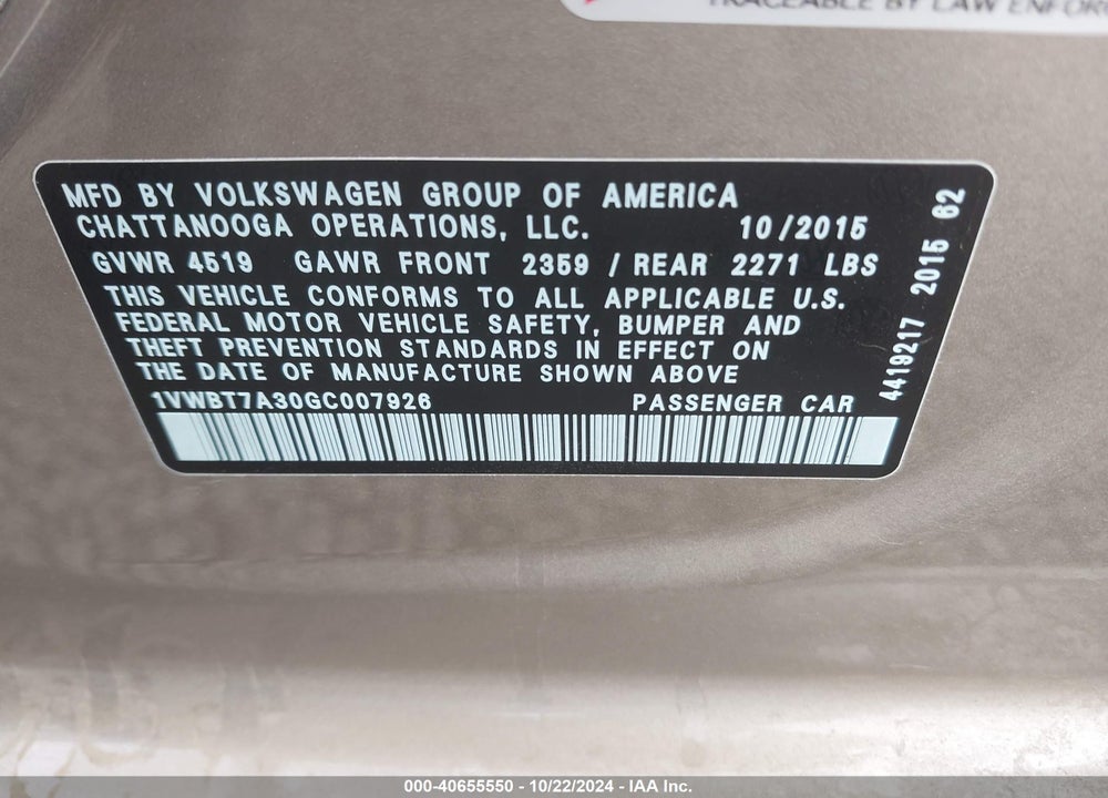 2016 VOLKSWAGEN PASSAT 1.8T SE VIN: 1VWBT7A30GC007926