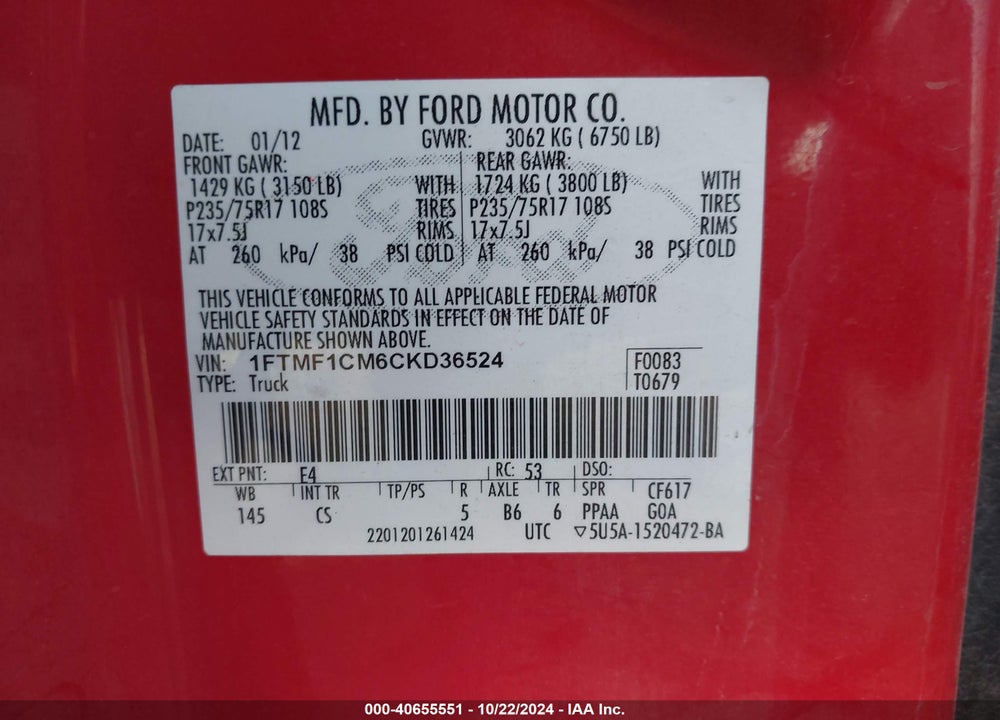 2012 FORD F-150 XL VIN: 1FTMF1CM6CKD36524
