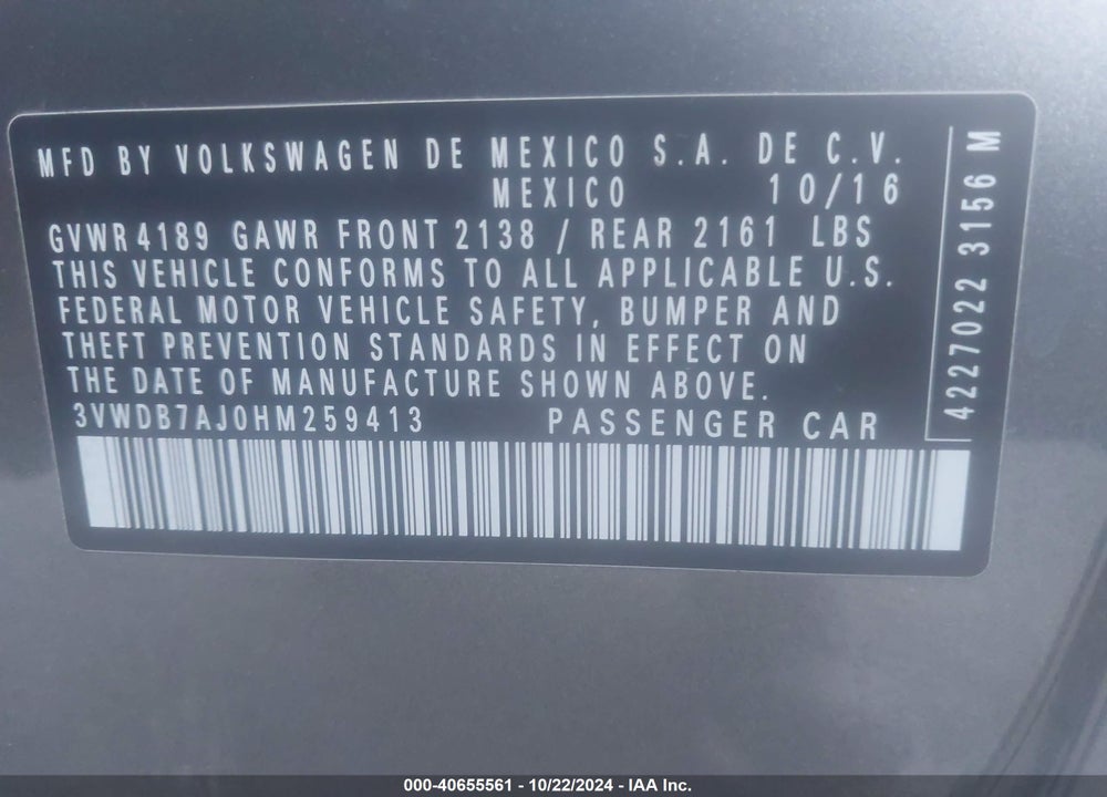 2017 VOLKSWAGEN JETTA 1.4T SE VIN: 3VWDB7AJ0HM259413