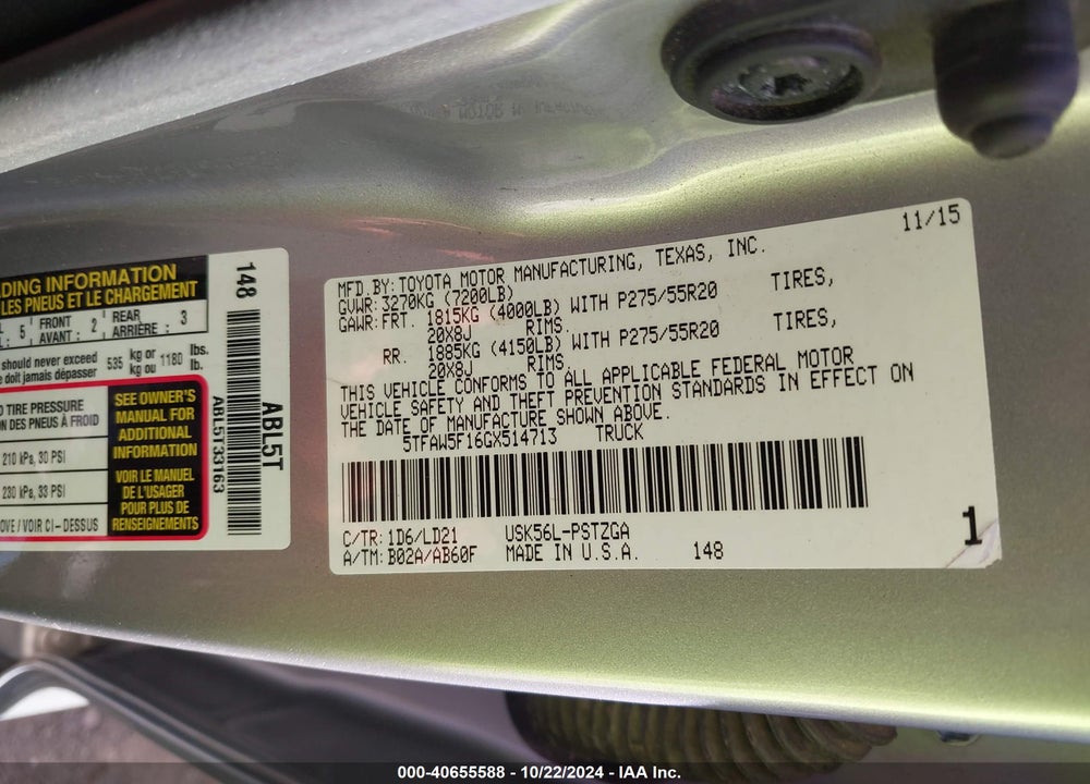 2016 TOYOTA TUNDRA VIN: 5TFAW5F16GX514713
