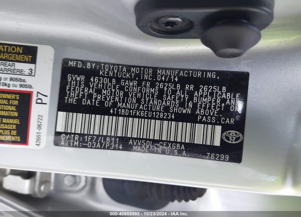 2014 TOYOTA CAMRY HYBRID XLE VIN: 4T1BD1FK6EU128234