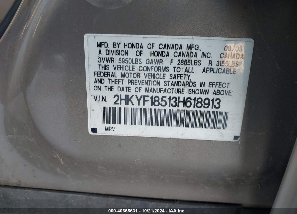2003 HONDA PILOT EX-L VIN: 2HKYF18513H618913
