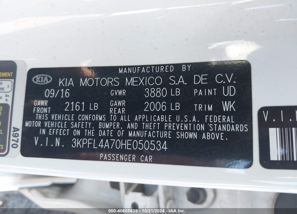 2017 KIA FORTE S VIN: 3KPFL4A70HE050534