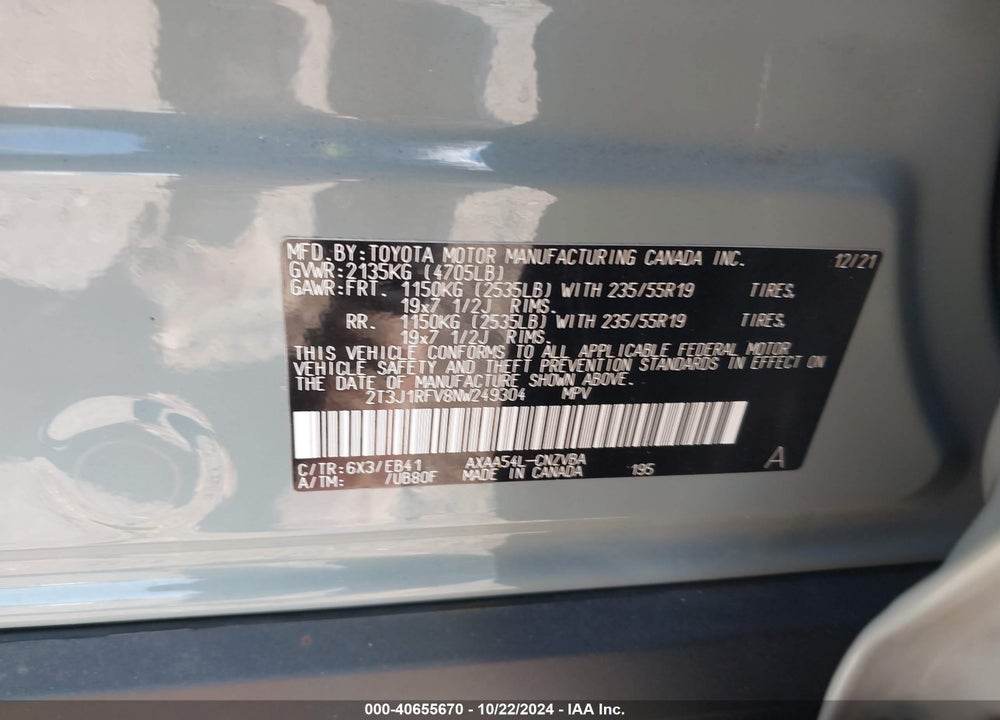 2022 TOYOTA RAV4 ADVENTURE VIN: 2T3J1RFV8NW249304