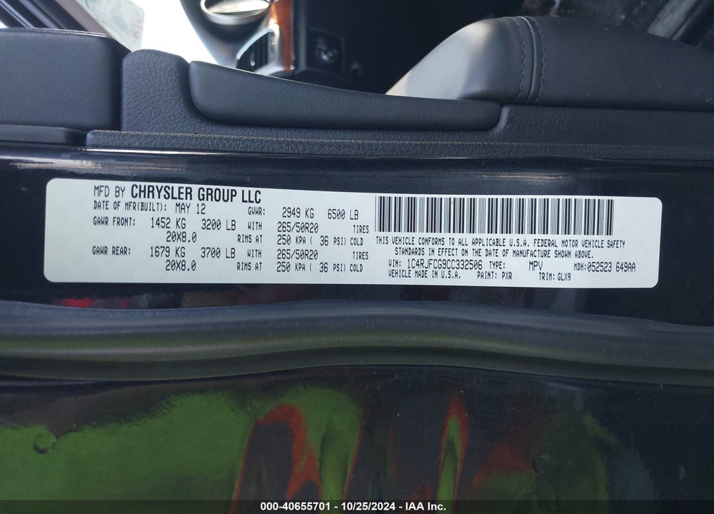 2012 JEEP GRAND CHEROKEE OVERLAND VIN: 1C4RJFCG9CC332506