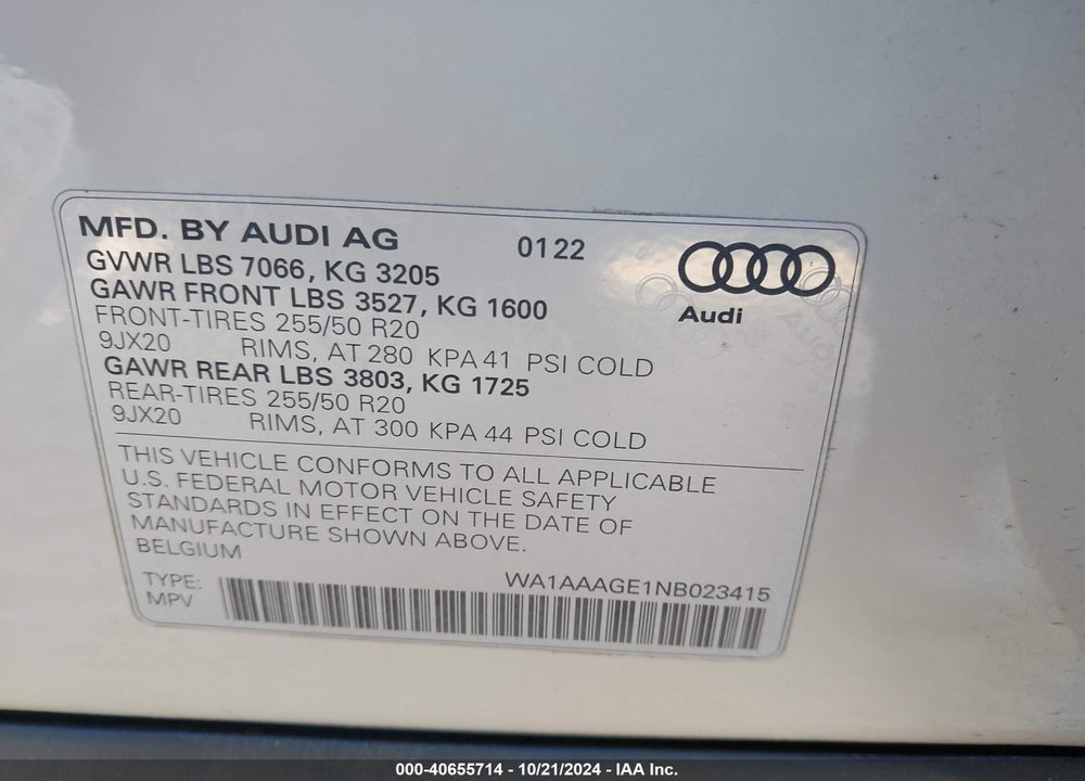 2022 AUDI E-TRON PREMIUM QUATTRO VIN: WA1AAAGE1NB023415
